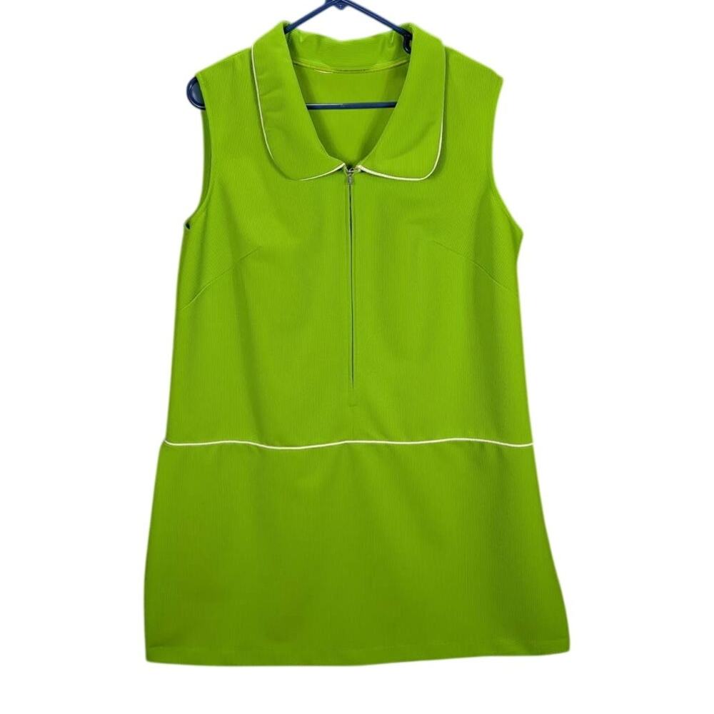 Vtg Tunic Womens Large Green Sleeveless Zip Peter Pan Collar Side Slits 1970s